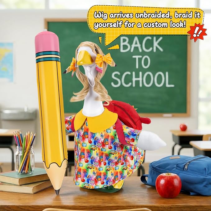 23" Back to School Porch Goose Outfit, Curly Wig (Statue not Included) | Complete 6 piece back to school goose set, Wavy unbraided wig + dress + pencil clips + inflatable pencil + red bag + tape