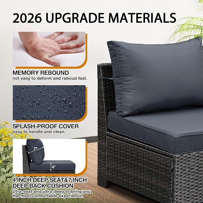 JOYURE 5 Pieces Patio Furniture Set All-Weather Outdoor Wicker Sectional Conversation Sofa Rattan Patio Seating Sofa with Cushion and Glass Table for Porch Poolside,Grey