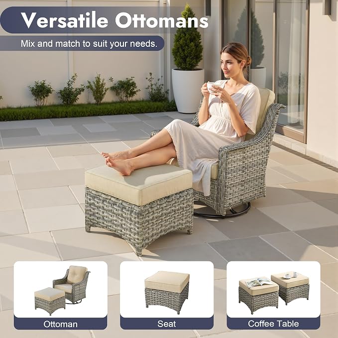 6 PCS Patio Furniture Set, Deep Seat High Back Outdoor Conversation Set with Ottomans, Wicker Outside Furniture with Solar Light Coffee Table for Porch Backyard Balcony, Sunroom, Beige