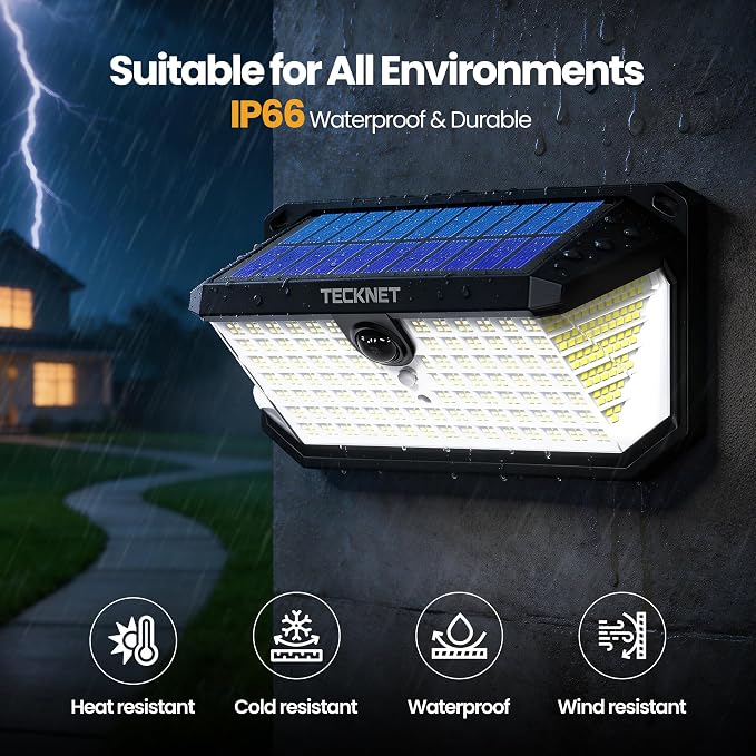 TECKNET 546 LED Motion Sensor Outdoor Lights with Remote Control Hook 2Pack | 7500LM Solar Lights Outdoor with 2200mAh & IP66 Waterproof, 300° Angle & 3 Modes, Solar Lights for Patio Fence Garage