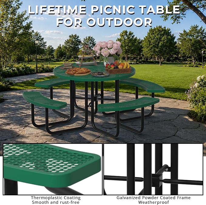 All-Weather Round Outdoor Picnic Table, Commercial Picnic Table Bench Set with Umbrella Hole, Thermoplastic Coated Metal Dining Tables for School, Stores, Park, Patio, Yard, Green