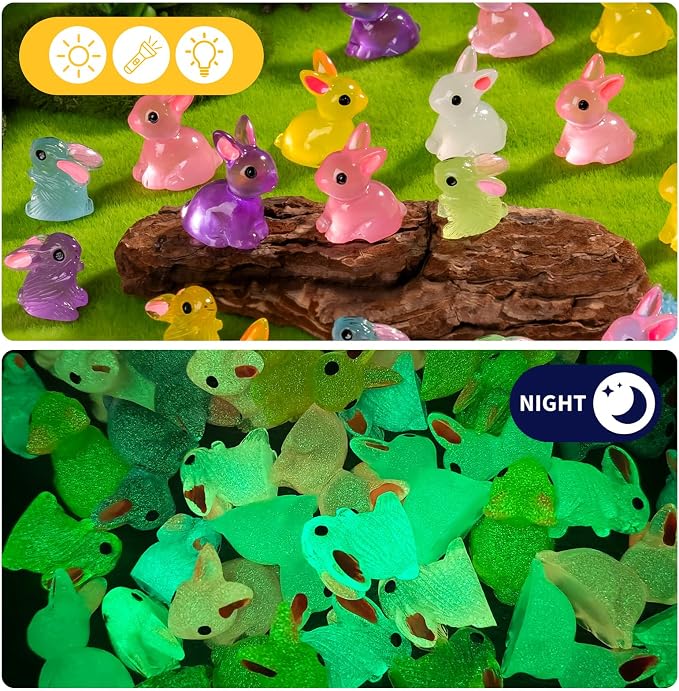 60 pcs Easter Mini Bunnies Luminous Small Rabbit Figures Miniature Little Small Animal Figurines Bulk for Micro Fairy Garden Landscape Accessories Hide Crafts Decor Aquarium