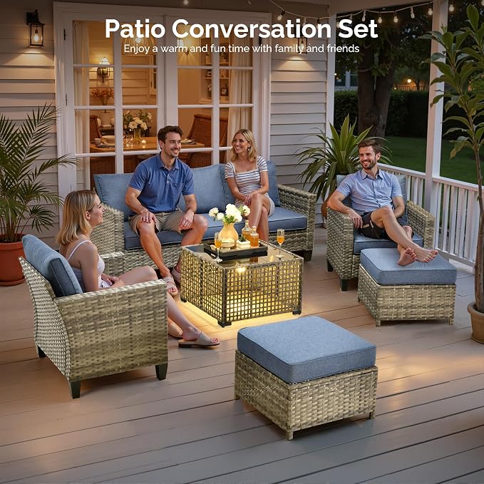 6 Piece Wicker Patio Furniture Set with Solar Table, Denim Blue | Outdoor Deep Seating Sofa Chair Ottoman, Solar Lights Table, All Weather Rattan, Modern Conversation Set, Porch Deck Backyard
