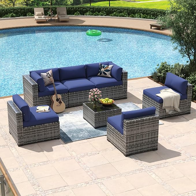 Aoxun 7 Piece Patio Furniture Set Wicker Rattan Patio Conversation Set Outdoor Sectional Sofa Set with Coffee Table and Thickened Cushions, Gray/Blue
