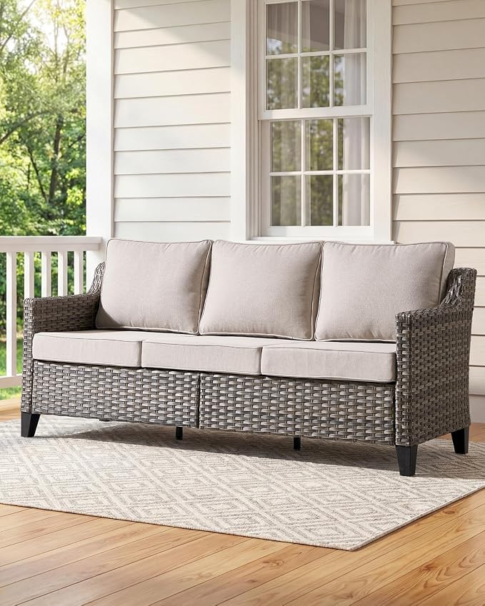 Outdoor Furniture Set of 3, Patio Furniture Set with 3-seat Sofa, and 2 Ottomans, High Back&Deep Seat for Garden Deck Porch Balcony Backyard - Beige