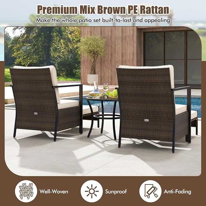 Tangkula 5 Piece Outdoor Furniture Set, Rattan Chairs & Ottomans w/Round Glass Topped Coffee Table, Space Saving Cushioned Patio Conversation Set for Backyard, Poolside (Off White)