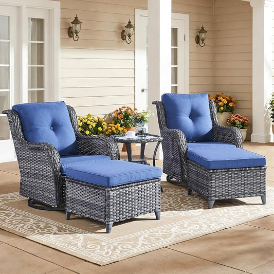 Outdoor Patio Furniture Set-5 Piece Outdoor Swivel Rocker Chairs with Ottomans Patio Furniture Set for Deck Balcony Poolside Backyard-Grey/Blue