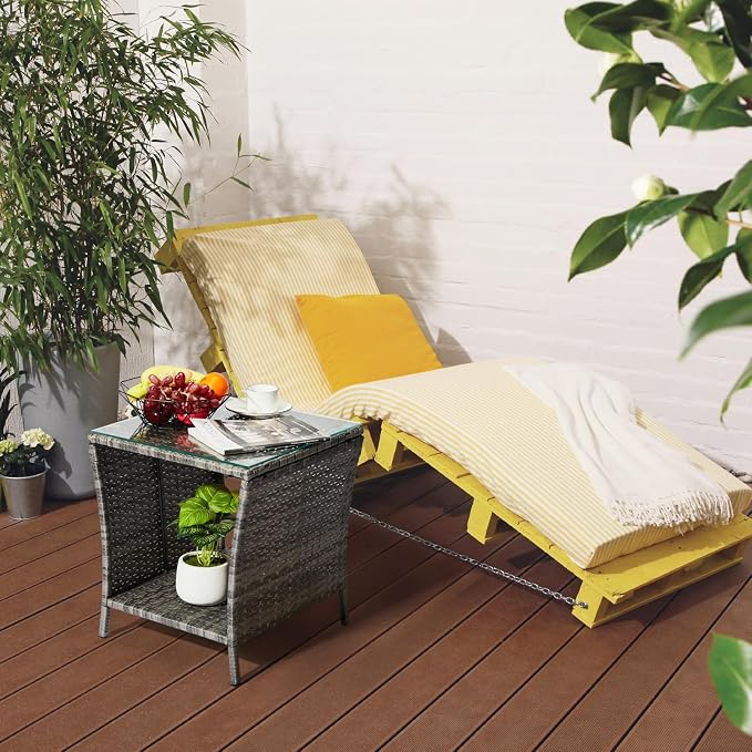 Outvita Outdoor Side Table, Rattan Coffee Table Small End Table with Glass Top Storage for Patio Porch Backyard Balcony