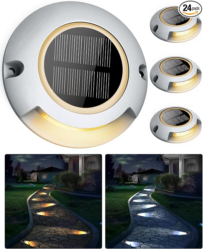 Solar Driveway Lights Outdoor Waterproof, 2 Color Modes Deck Lights | Outdoor Solar Deck Dock Warning Step Lights for Driveway Marker Sidewalk Garden Pathway Yard (4 Pack)