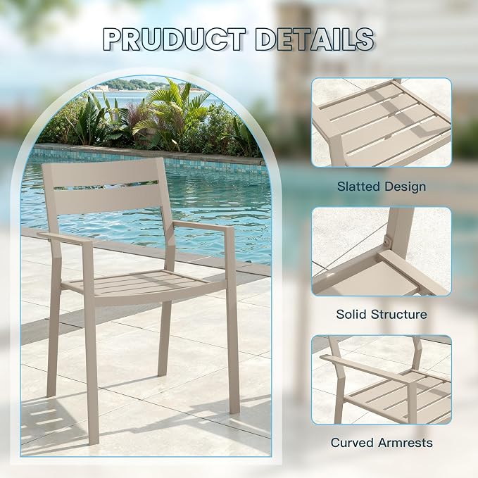 VICLLAX Patio 7 Pieces Outdoor Dining Set, Wrought Iron Metal Outdoor Table and Chairs Set, 50" Round Table with Umbrella Hole and 8 Stackable Chairs for Lawn, Garden, Porch, Sandshell