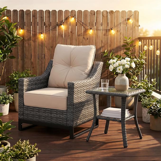 Patio Tables Wicker Side Table, Rattan End Table with Glass Top for Outdoor Outside Patio Porch Deck Square Brown