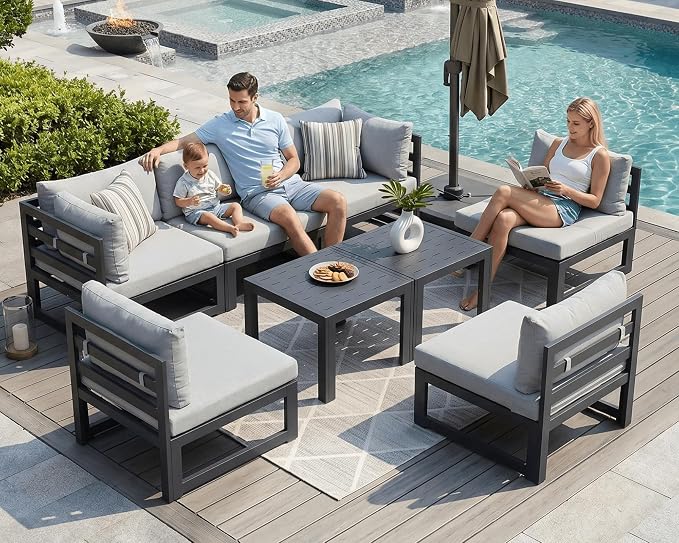NICESOUL 8 Piece Extra Large Modern Aluminum Outdoor Sofa, 29" Deep Wide Seating, 500 lbs Durable Sectional Set for Heavy People, Rust Resistant Patio Furniture Set for Backyard Poolside, Light Gray