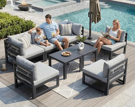 NICESOUL 8 Piece Extra Large Modern Aluminum Outdoor Sofa, 29" Deep Wide Seating, 500 lbs Durable Sectional Set for Heavy People, Rust Resistant Patio Furniture Set for Backyard Poolside, Light Gray
