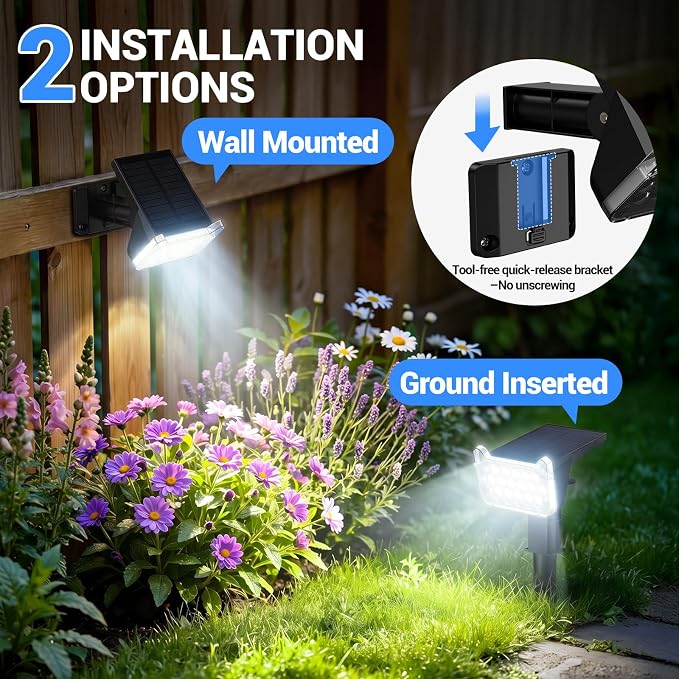 Solar Spot Lights Outdoor Waterproof IP65, Super Bright LEDs with Lens, 2 Lighting Modes, 2 in 1 Auto On/Off Solar Powered Spotlights for Outside Landscape Holiday Decor, 6 Pack, Cool White