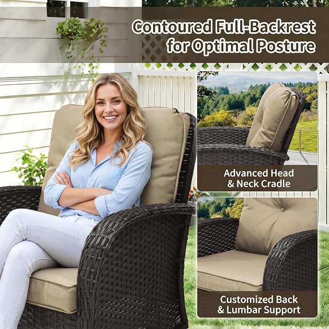 SHGJ&SOFT 3 Piece Patio Furniture Set, 2 Outdoor Swivel Rocking Chairs with Side Table, Wicker Glider Chairs, All-Weather Rattan Bistro Set for Porch, Deck, Pool (Brown, Grey Full-Weave Rattan)
