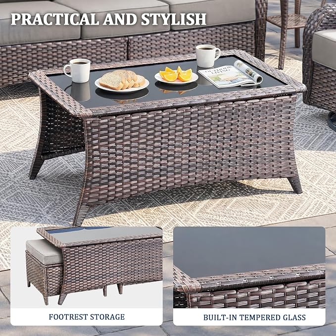 Luxury Swivel Rocker Chair Sofa Set with 6" Thick Cushions,7-Piece Wicker Patio Chair with Coffee Table and Ottoman,Outdoor Comfortable High Back Chair Patio Furniture Set - Brown | Gery