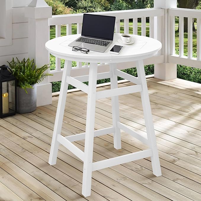 Costaelm Patio Bistro Table, 37" Counter Height Round Patio Cocktail Bar Table with Umbrella Hole, Outdoor Bistro Dining Pub Table for Front Porch Deck Backyard Garden, White