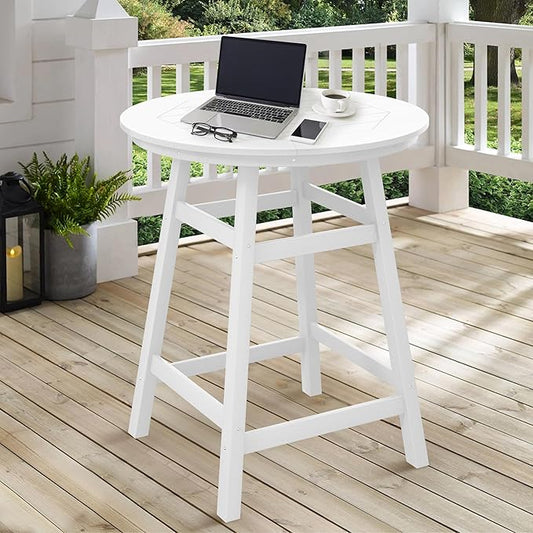 Costaelm Patio Bistro Table, 37" Counter Height Round Patio Cocktail Bar Table with Umbrella Hole, Outdoor Bistro Dining Pub Table for Front Porch Deck Backyard Garden, White