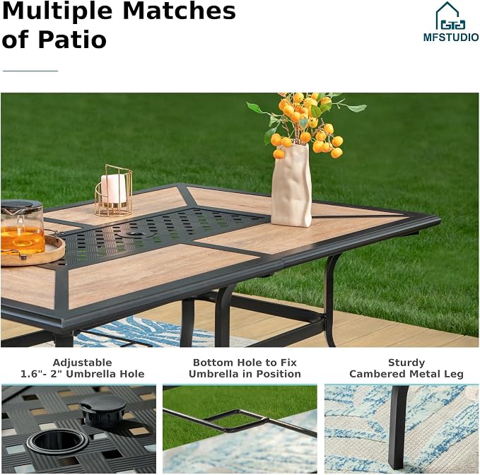 MFSTUDIO 7-Piece Patio Dining Set, 61.5" Metal Table, Cushioned Chairs | Fixed Chairs, Umbrella Hole, Seats 6, All-Weather Use