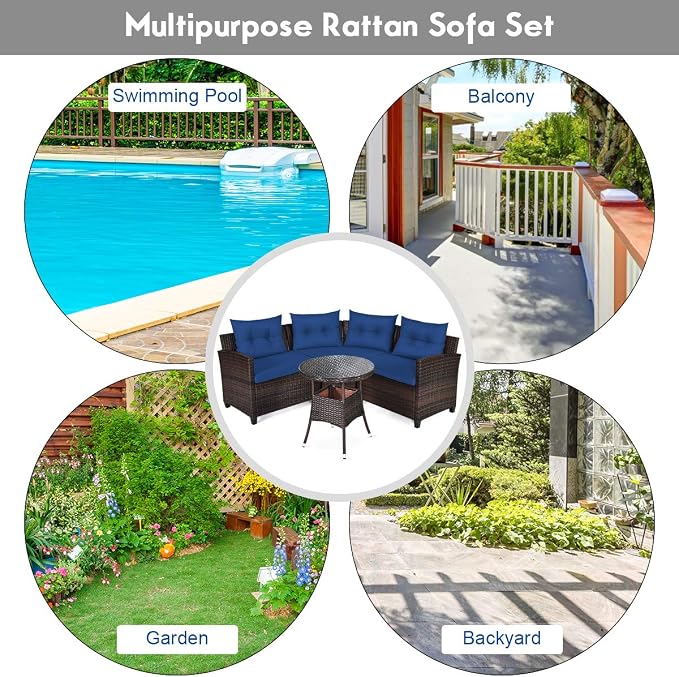 COSTWAY 4-Piece Patio Furniture Set, Wicker Rattan Sofa with Cushions and Coffee Table, Outdoor Sectional Conversation Sofa Set for Poolside Backyard Lawn Backyard (Navy)