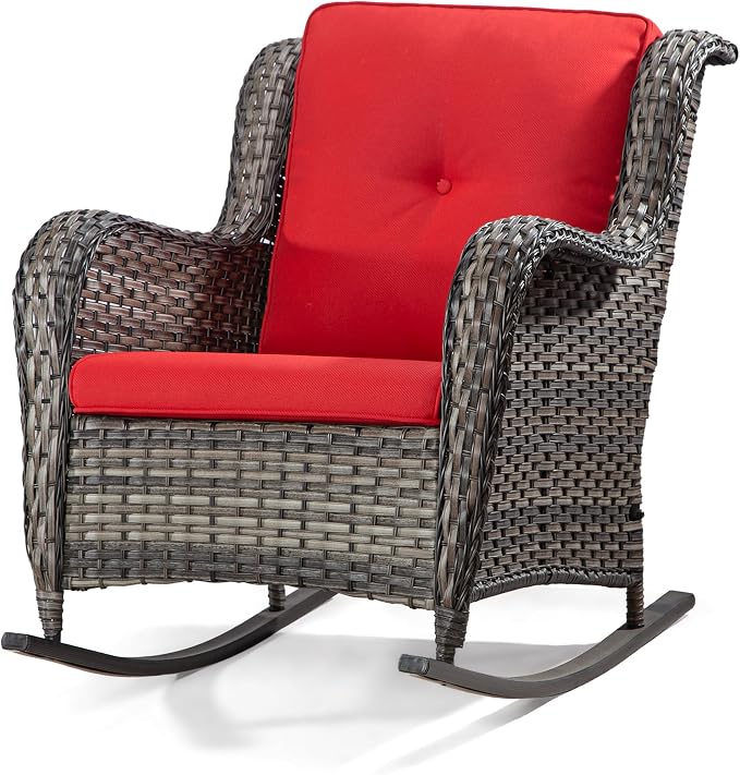 Outdoor Wicker Patio Rocking Chair - All-Weather Lawn Rocking Wicker Furniture with Alloy Steel Frame & Premium Fabric Cushion, Red