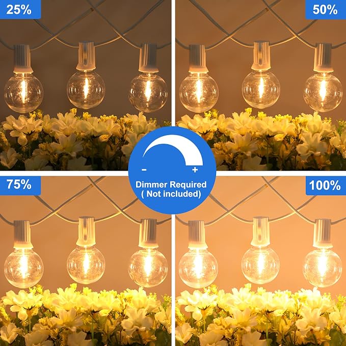 Outdoor G40 LED Globe String Lights 25FT Shatterproof Waterproof | Dimmable Patio Lights with 12+2 Bulbs Connectable Commercial Hanging Light for Patio Balcony Backyard Party (White Wire)