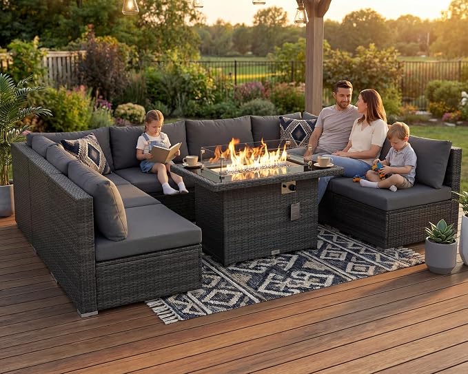 RADIATA 9 Piece Wicker Patio Furniture Set with Fire Pit, All-Weather Outdoor Sectional Couch High Back Large Size, Modular Backyard Seating Sofa Set with Propane/Natural Gas Firepit Table, Dark Grey