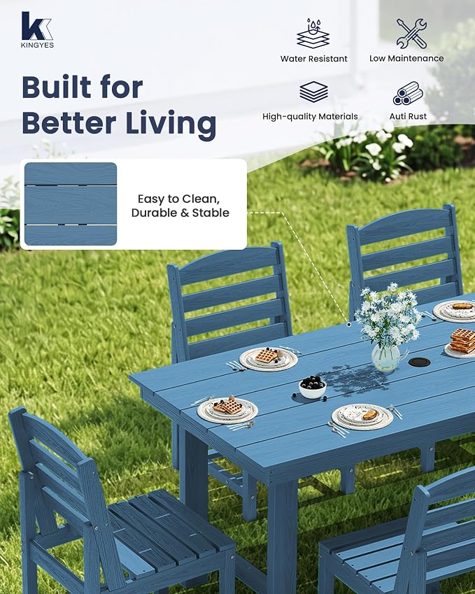 KINGYES 6-Piece Patio Dining Set, HDPE Table, Bench and Armless Chairs Outdoor Furniture Set with Umbrella Hole, Blue