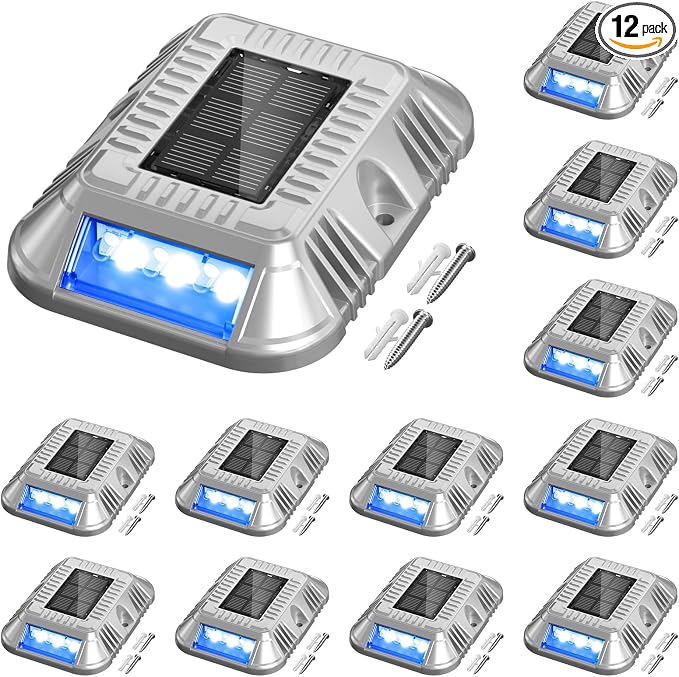 addlon Solar Dock Lights Marine 12 Pack, 2CCT Outdoor Driveway Marker Deck Lights, IP67 Waterproof, Solar Powered Deck Light for Pathway Warning Step Sidewalk Patio, Blue Light & Cool White, FCC