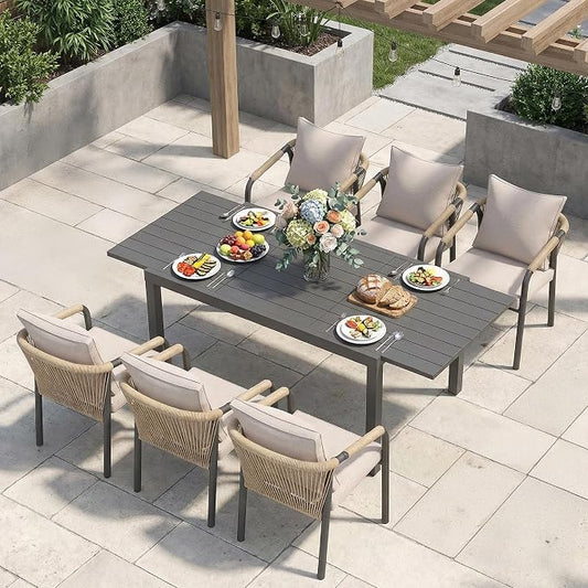 SUNSITT 7 Piece Outdoor Patio Dining Set, 59" - 83" Aluminum Expandable Outdoor Dining Table and 6 Woven Wicker Patio Chairs w/Curved Backrest for Garden, Dark Grey