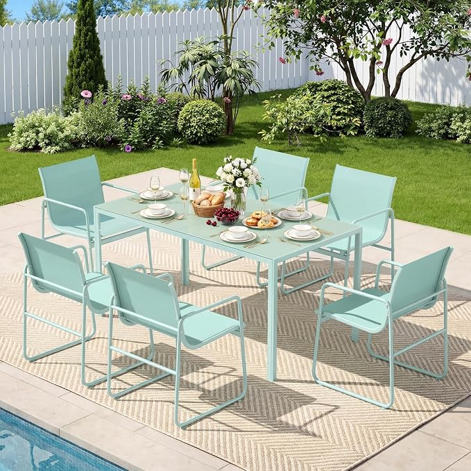 ONBRILL 7 Piece Patio Dining Set for 6, Modern Rectangular Glass Top Steel Table with 6 Breathable Textilene Chairs, Easy Assembly All-Weather Design for Lawn, Backyard, Poolside & Gatherings, Aqua