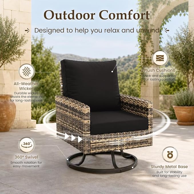 UDPATIO Patio Furniture Set with Fire Pit Table, 7 Pieces Outdoor Conversation Sets with Swivel Chairs and Ottomans, All-Weather Rattan Wicker Patio Sofa Couch for Backyard, Deck, Porch, Black/Yellow