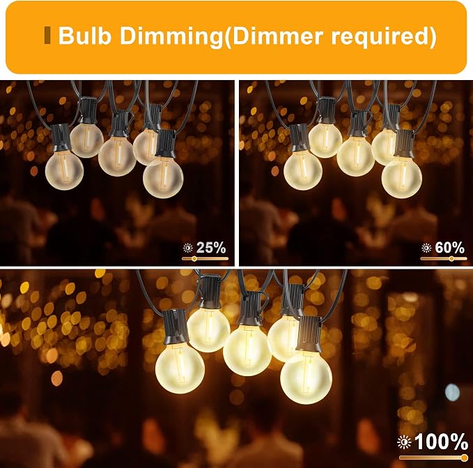 OHLUX Outdoor String Lights, 55FT Shatterproof LED Patio Lights with 26 Dimmable Plastic G40 Bulbs, 2200K Waterproof Connectable Hanging String for Backyard Cafe Porch Deck E12 Base