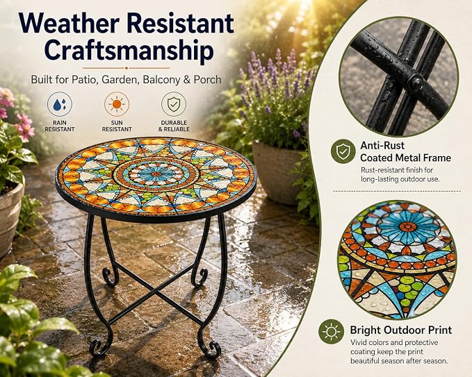 Mosaic Outdoor Side Table Round, 15 Inch Height - Small Patio Table, Foldable Sun Pattern Metal Plant Stand for Garden, Balcony, Porch & Camping