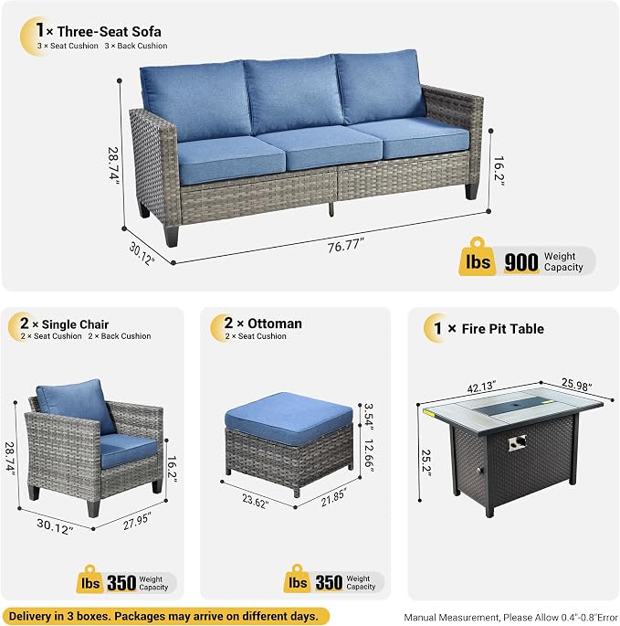 ovios Patio Furniture Set, 6 Pieces Outdoor Wicker Sofa Couch with Fire Pit Table, Ottomans and Comfy Cushions, All Weather High Back Rattan Conversation Set, Denim Blue