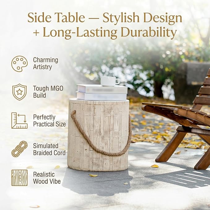 Polibi Outdoor Indoor Side Table Wood Grain Look, Rustic MGO End Table with Decorative Braided Cord, Small Farmhouse Accent Table for Couch, Patio, Balcony, Ready to Use