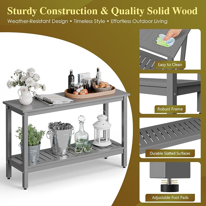ZenStyle Solid Wood 48in 2-Shelf Console Table, Indoor Outdoor Plant Accent Table Storage Organizer w/Foot Sliders for Patio, Deck, Porch, Garden (Grey)