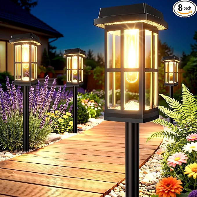 Ahaorigin 8 Pack Solar Pathway Lights Outdoor, 2 Lighting Modes Waterproof Solar Lights Outdoor, Sturdy Metal Rods, Brighter Up to 15Hrs Outdoor Path Lights for Yard Garden Walkway Driveway Sidewalk