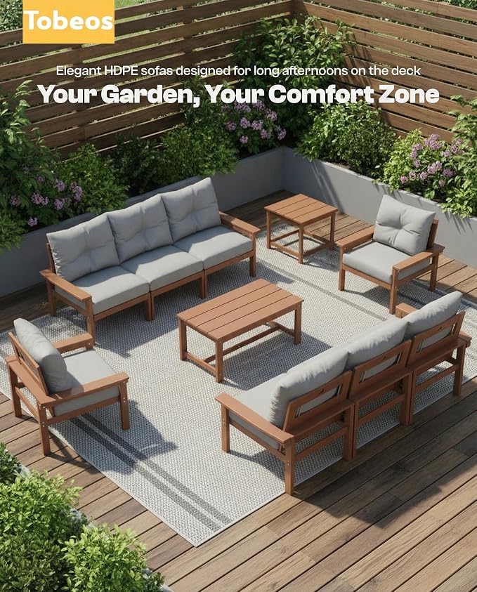 HDPE 4 Piece Patio Furniture Set, All-Weather Outdoor Couch with Thick Cushions & Coffee Table & Side Table, Patio Conversation Sets for Lawn, Garden, Porch, Balcony, Deck, Poolside,Teak & Grey