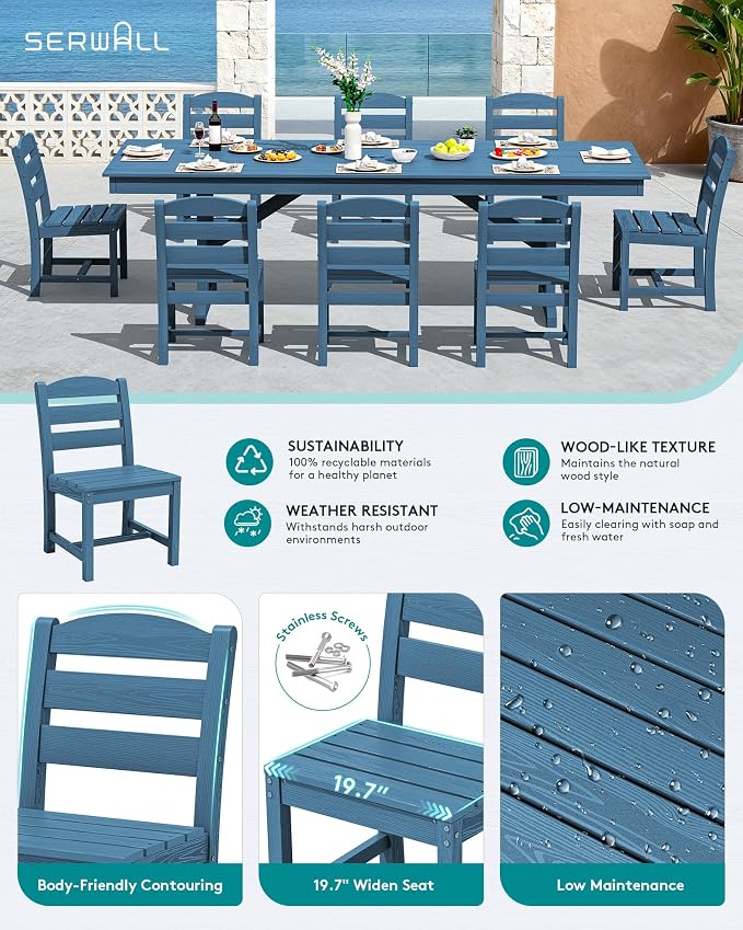 SERWALL Outdoor Armless Dining Chairs Set of 4, All-Weather HDPE Patio Dining Chairs with 19.7" Widened Seat and Curved Backrest for Backyard, Garden, Blue