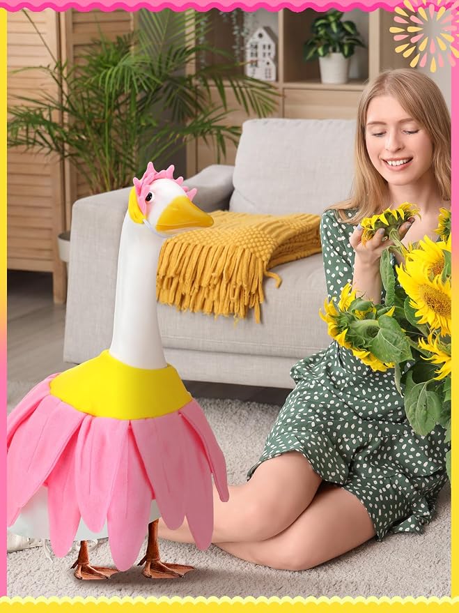 Outus Pink Daisy Spring Goose Outfit Set Includes Petals Headband and Shirt Washable Pink Daisy Cute 23'' Goose Porch Clothing for Spring Outdoor Garden Yard Patio Lawn Statue