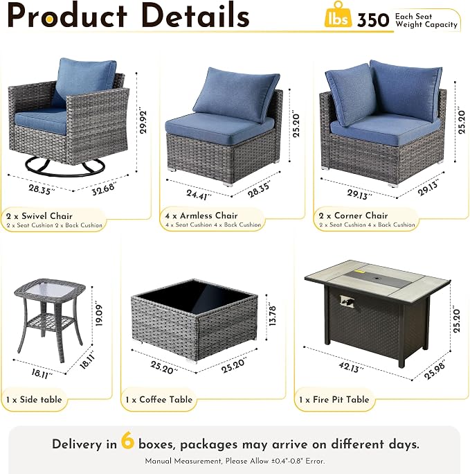 Weaxty 11 Piece Patio Furniture Set with Fire Pit Table, Outdoor Sectional Couch Swivel Rocker Patio Chairs with Coffee Table Wicker Conversation Sets for Balcony Backyard, Denim Blue