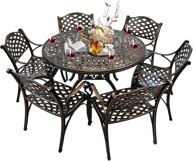 48" Cast Aluminum Outdoor Dining Table,Dining Conversation Side Table, Patio Bistro Table with 2.36" Umbrella Hole for Backyard, Garden, Patio, Porch
