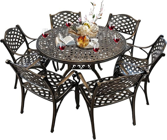 Patio Dinning Set Weather Resistant Cast Aluminum Patio Furniture Set with Umbrella Hole, Bistro Dining Set for Garden (48" x 48" Table B and 6 Chairs Bronze, 7 Pieces)