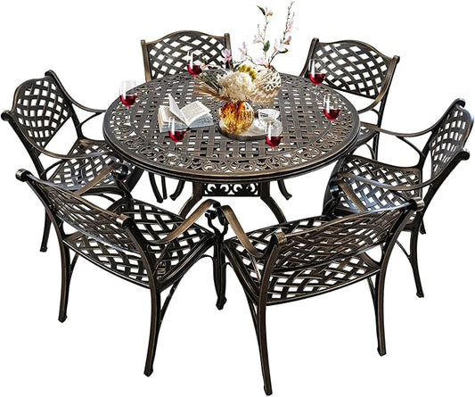7 Piece Outdoor Dining Set for 6,Cast Aluminum Table and Chairs Set,All-Weather Round 48" Dining Table with 2.36" Umbrella Hole,Patio Furniture Set for Balcony Garden,Bronze