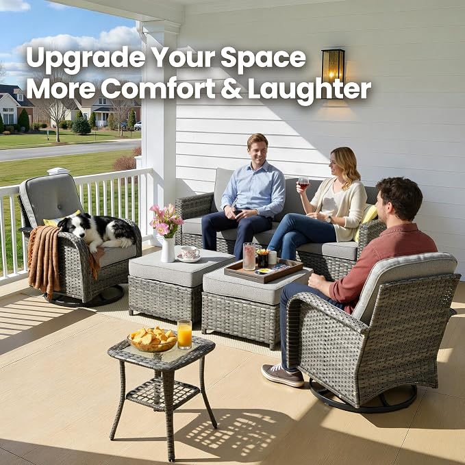 6 Piece Wicker Patio Furniture with Swivel Rocker Chair, Dark Gray | High Back Swivel Rocker Chairs, Outdoor Sofa Ottoman, Heavy Duty, All Weather Rattan Modern Conversation Sets, Deck Backyard