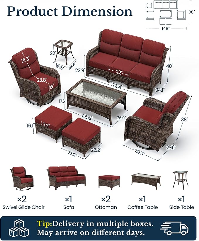 HILLGA 7-Piece Luxury Patio Furniture Set with 6" Thick Cushions, Weather-Resistant Wicker High Back Swivel Rocker Chairs, Senior-Friendly Outdoor Sofa Set for Large Deck and Poolside, Burgundy(V2)