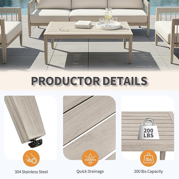 4-Piece Patio Furniture Set, Never-Rust Aluminum Sectional Sofa with Faux Wood Grain Frame, Rope Weave Outdoor Conversation Set with Coffee Table, Patio Sofa Set for Backyard, Poolside, Deck