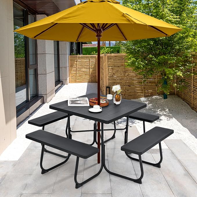 Square Picnic Table for 8 Person, Outside Table Bench Set w/ 4 Built-in Benches, Umbrella Hole, HDPE Top & Metal Frame, 2000LBS Capacity Outdoor Picnic Table for Garden, Porch, Patio (Black)