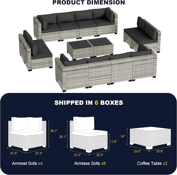 14-Piece Outdoor Patio Furniture Set, PE Wicker Rattan Sectional Sofa Conversation Set with Tempered Glass Table & Thick Cushions - All-Weather Garden, Backyard Furniture, Dark Grey